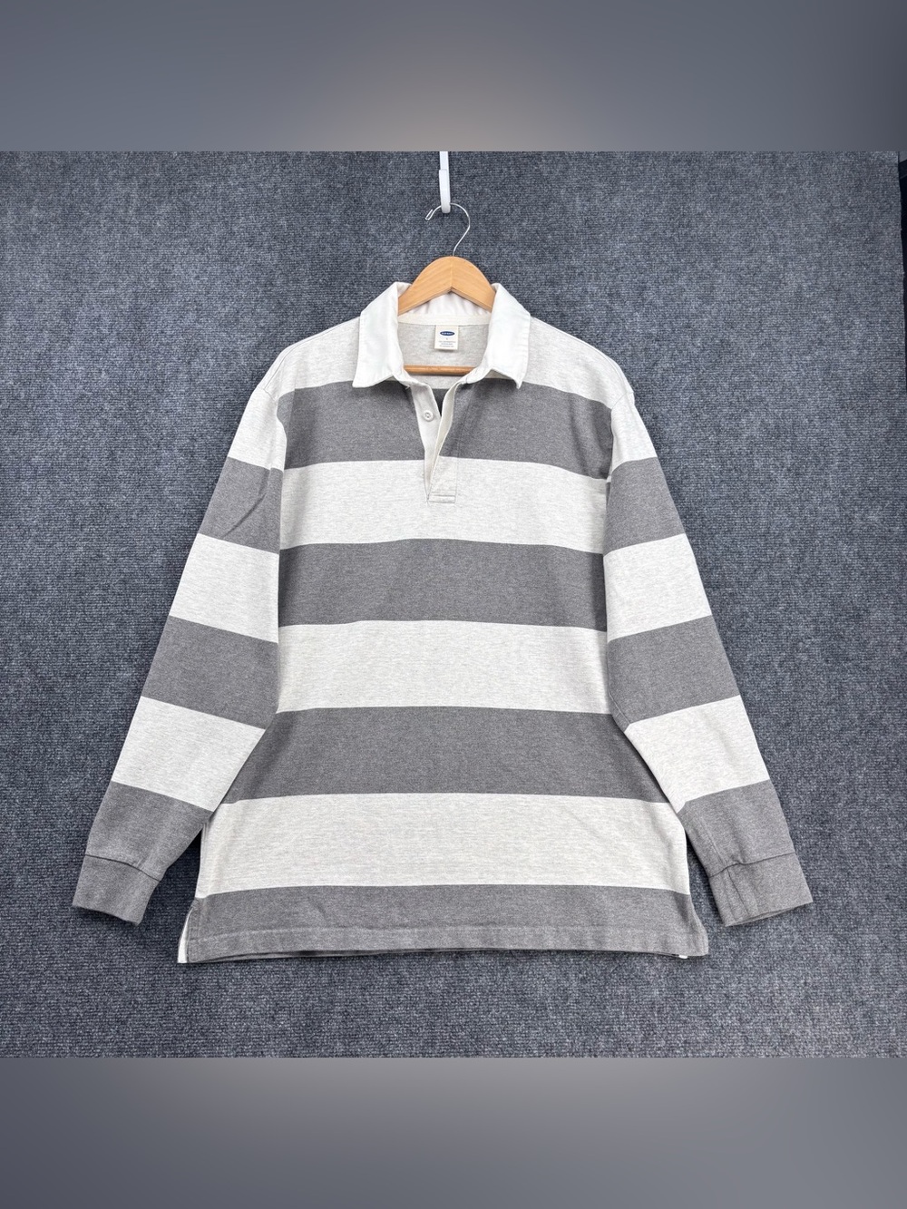 Old Navy 90’s Preppy Gray Striped Classic Cotton Rugby Long Sleeve Shirt Men’s L